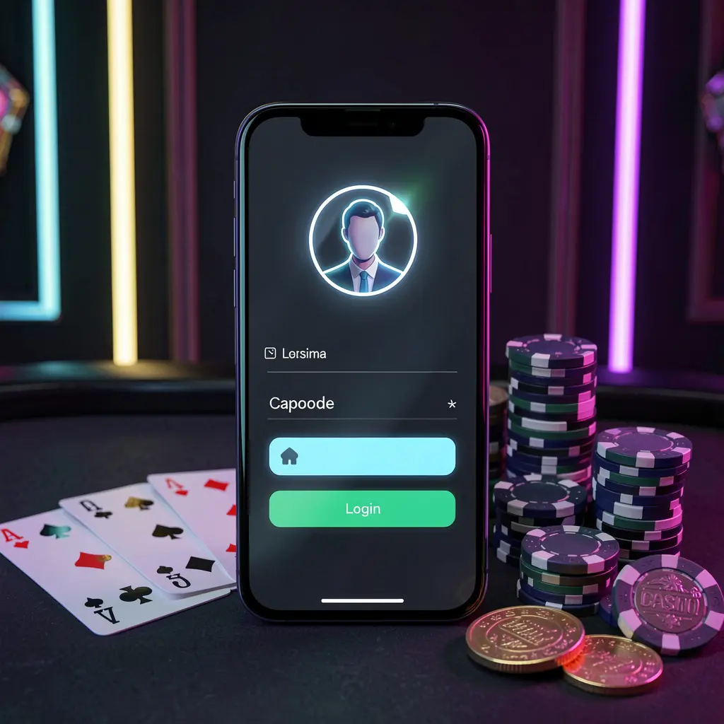 JOY11 casino app login scene on a smartphone with glowing user profile icon, surrounded by chips, cards, and coins against an elegant dark background with neon highlights