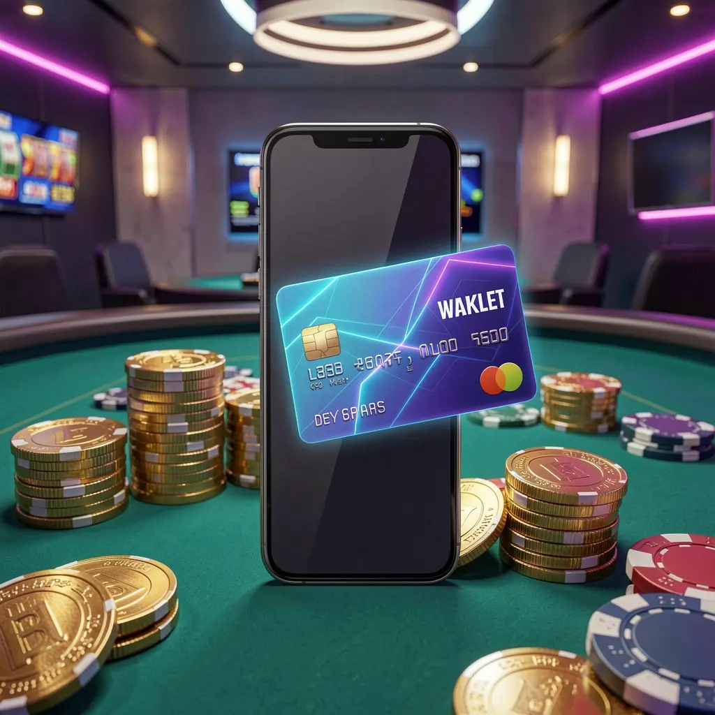 JOY11 deposit bonus concept featuring a smartphone wallet with a glowing payment card, surrounded by golden coins and poker chips in a modern mobile casino style