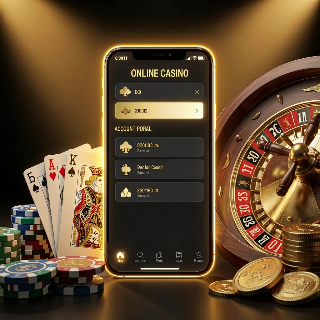JOY11 online casino account portal with glowing smartphone displaying premium cards, chips, roulette wheel, and coins against a black and gold background with cinematic lighting in a realistic 3D render