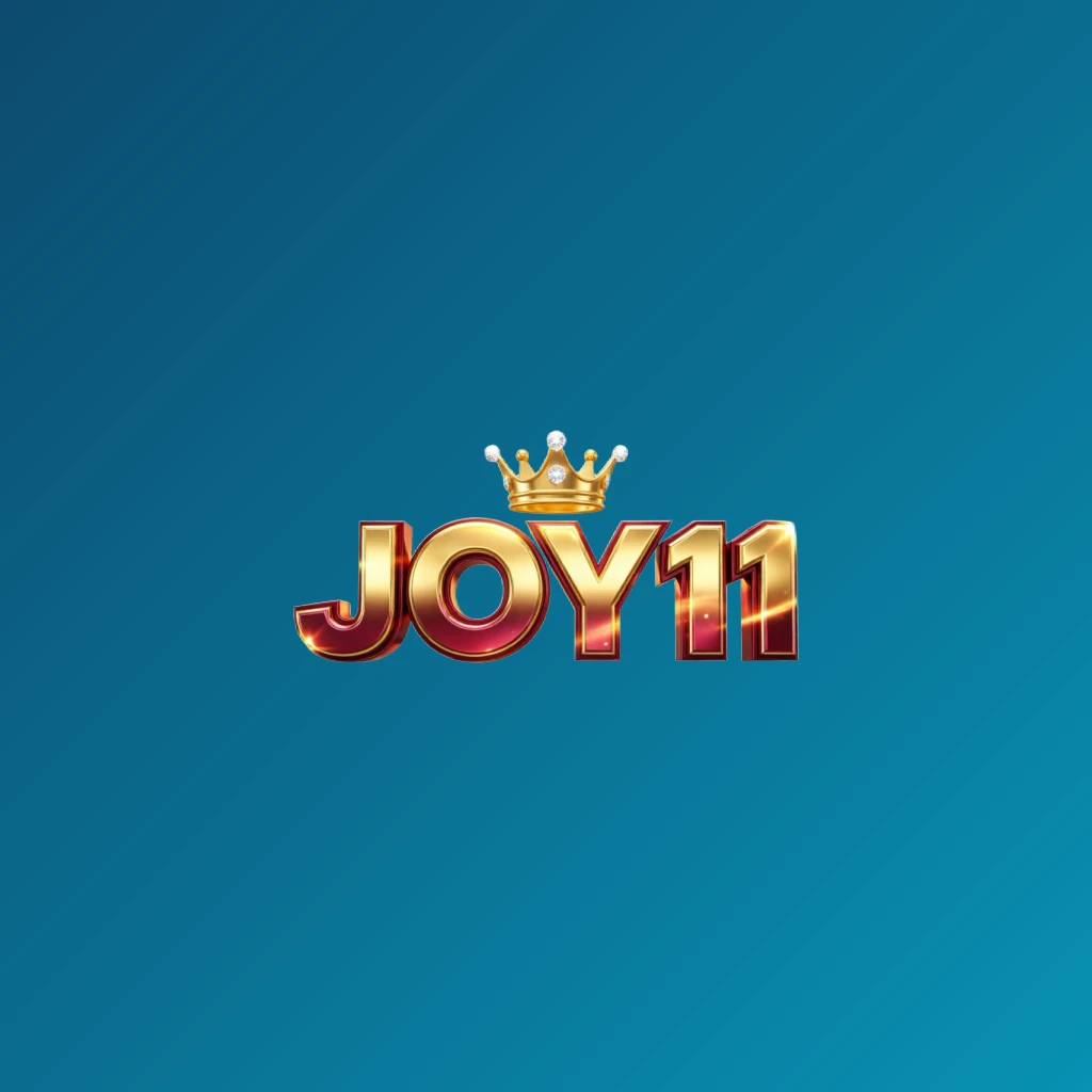 Dynamic casino-style logo for JOY11 featuring massive bold lettering in bright gold and crimson colors with a glowing crown and sparkling light effects on a transparent background, designed as a wide horizontal rectangular wordmark for a website header