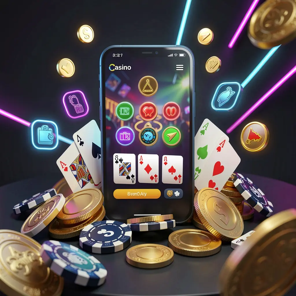 JOY11 mobile casino homepage concept showing a smartphone surrounded by golden coins, chips, cards, and glowing icons on a modern dark background with neon accents